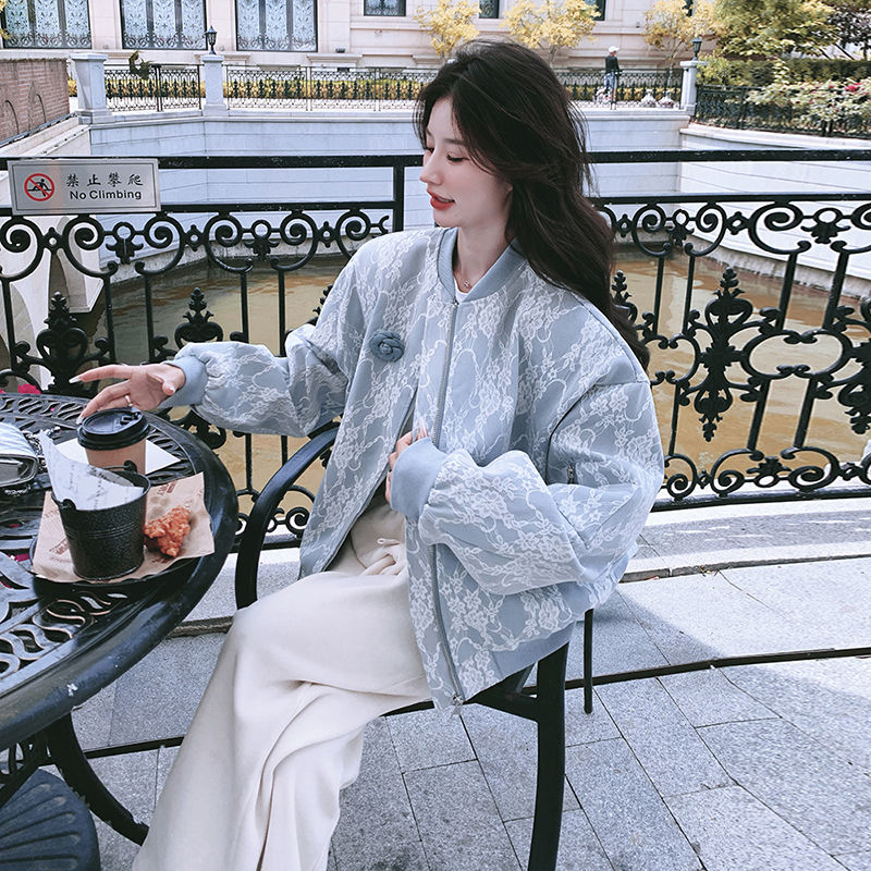 独特超好看蓝色立领提花棒球服外套女春秋2025新款高级感夹克上衣