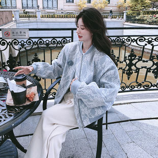 独特超好看蓝色立领提花棒球服外套女春秋2025新款高级感夹克上衣