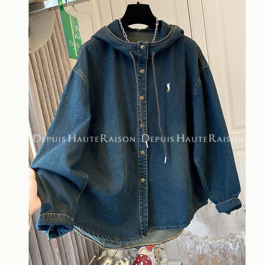 DHR 超好看复古美式连帽水洗牛仔衣衬衫开衫宽松上衣外套女2024秋