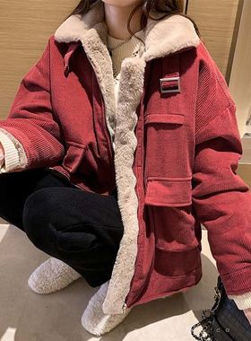 翻领工装棉服女2022冬装新款港风宽松中长款加绒加厚派克服外套潮