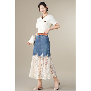 白色短袖T恤上衣蕾丝拼接牛仔半身裙女2025夏季新款高端时尚套装