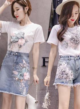 牛仔半身裙短裙时尚套装女夏装2022高腰阔腿牛仔裤短袖T恤两件套