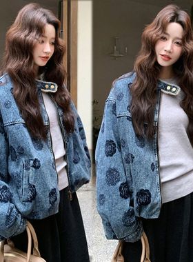 复古时髦感印花植绒牛仔外套女秋冬季2025年新款韩系加绒加厚棉服