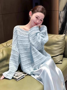 今年流行韩系气质套装女2026春秋新款清冷松弛感蓝色针织衫两件套