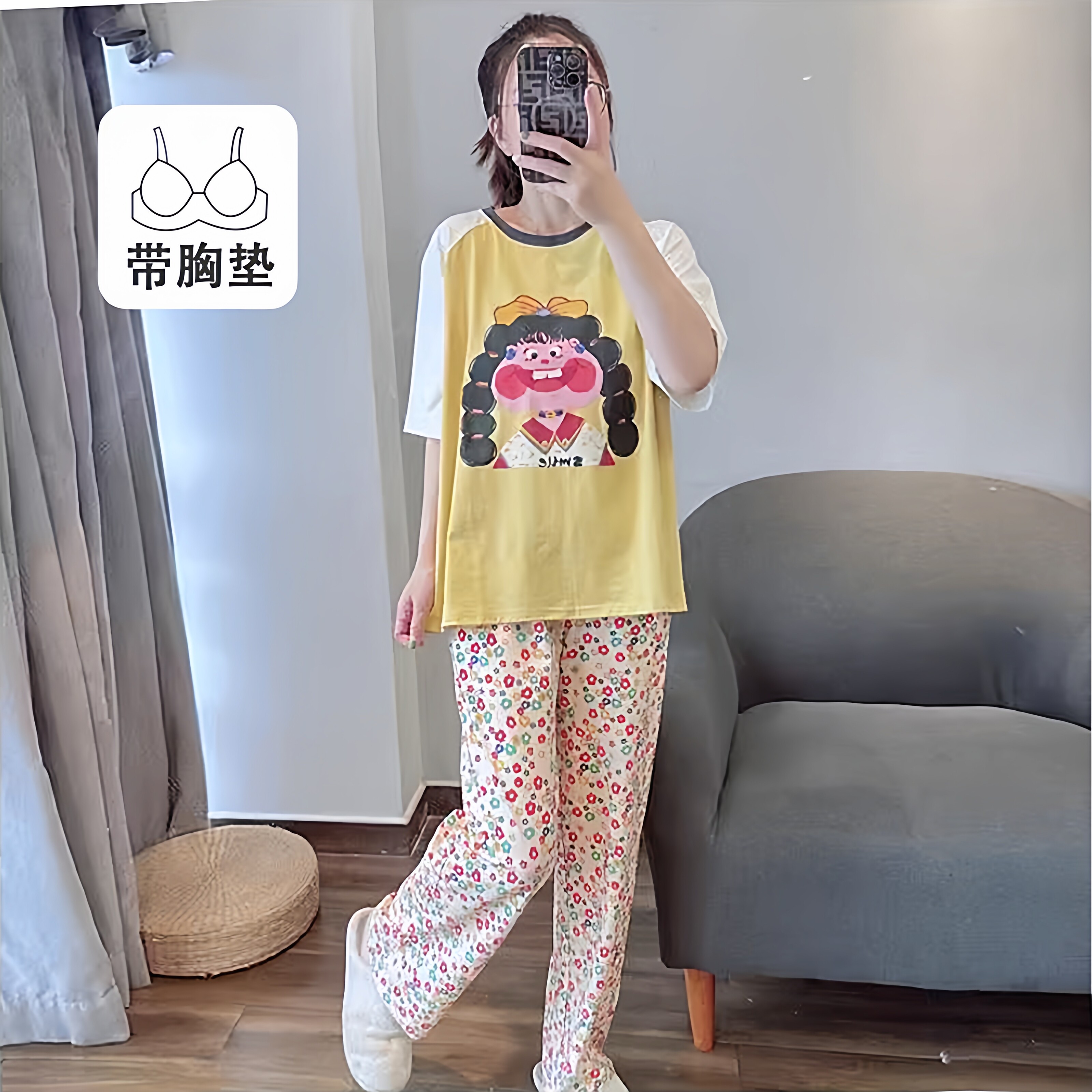 带胸垫睡衣女夏季纯棉短袖长裤卡通学生可外穿薄款全棉家居服套装