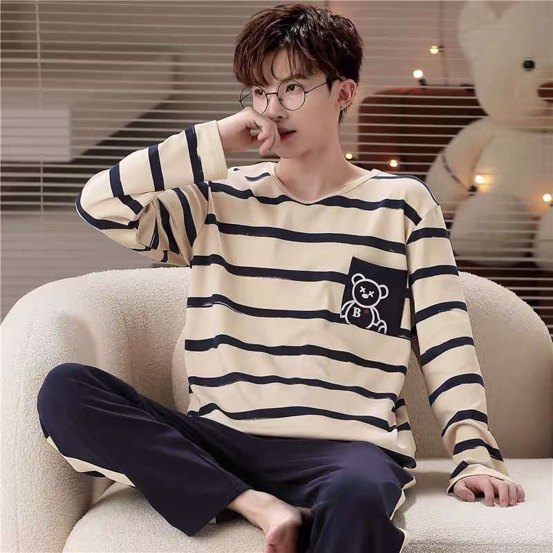 100%纯棉睡衣男款春秋季长袖韩版青年休闲宽松外穿全棉家居服套装