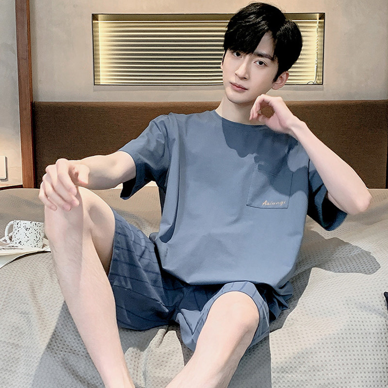 100%纯棉睡衣男士夏季短袖夏天可外穿休闲宽松全棉薄款家居服套装