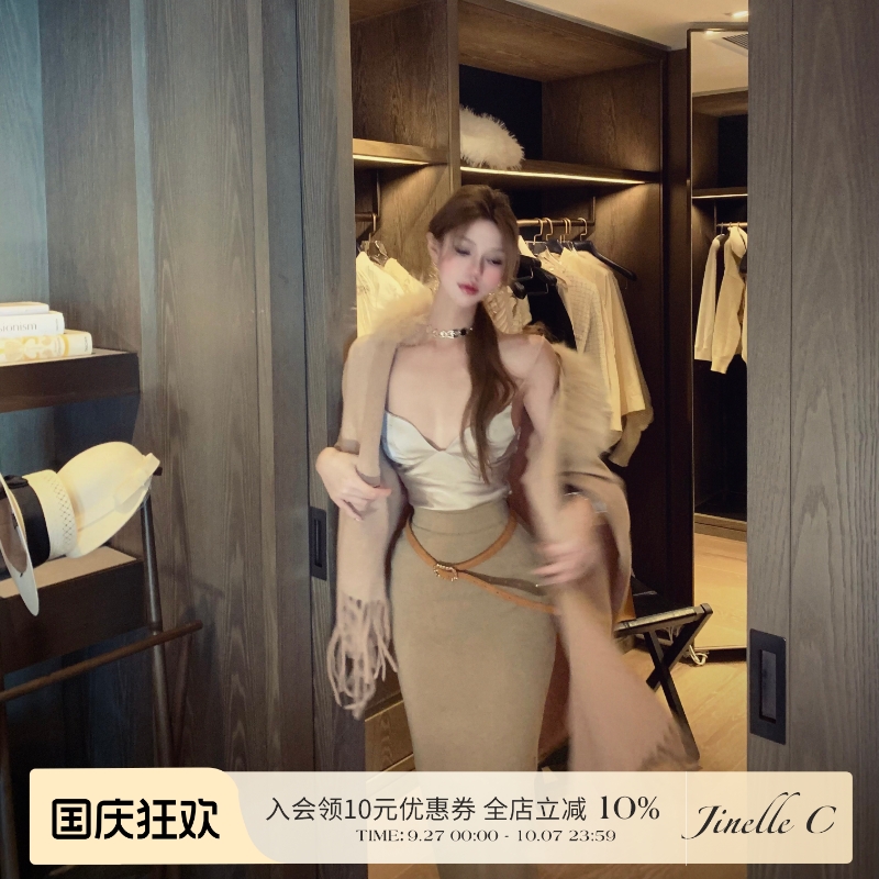 Jinelle秋季气质温柔针织羊毛显瘦修身卡其色半身裙包臀一步裙女