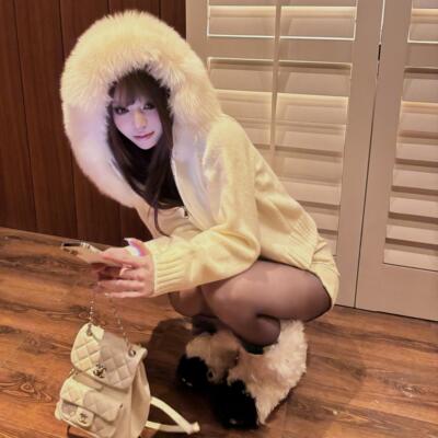 TLCJING针织开衫可拆卸毛帽子