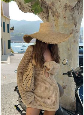 日本VVA春夏新款平顶大檐拉菲草帽度假磨毛边遮阳防晒造型帽子女