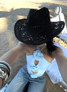 日本VVA日本VVA欧美辣妹风黑色镂空编织巴拿马度假爵士顶草帽防晒