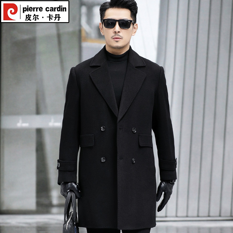 皮尔卡丹冬季男士双面羊绒毛呢大衣中长款外套加厚青年双排扣呢子