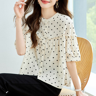 新款波点短袖衬衫女2025夏季新款减龄衣服泡泡袖圆领印花衬衣女衫
