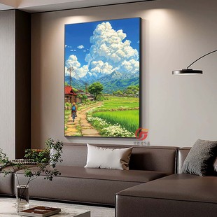 宫崎骏动漫风景装 饰画治愈系小清新草原田野街景客厅卧室玄关挂画