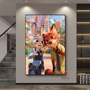 迪士尼疯狂动物城装饰画朱迪尼克卡通挂画儿童房卧室动漫海报壁画