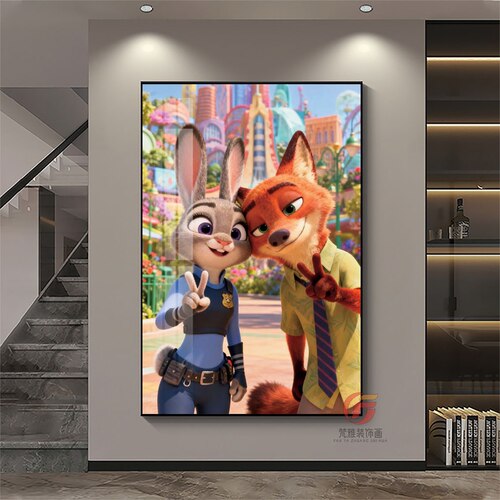 迪士尼疯狂动物城装饰画朱迪尼克卡通挂画儿童房卧室动漫海报壁画