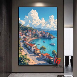宫崎骏治愈系风景挂画海边小屋街道日落日系客厅玄关卧室装 饰画