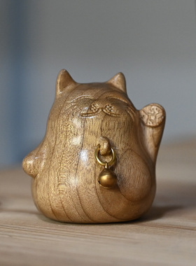 招财猫可爱风茶桌文玩木质工艺品