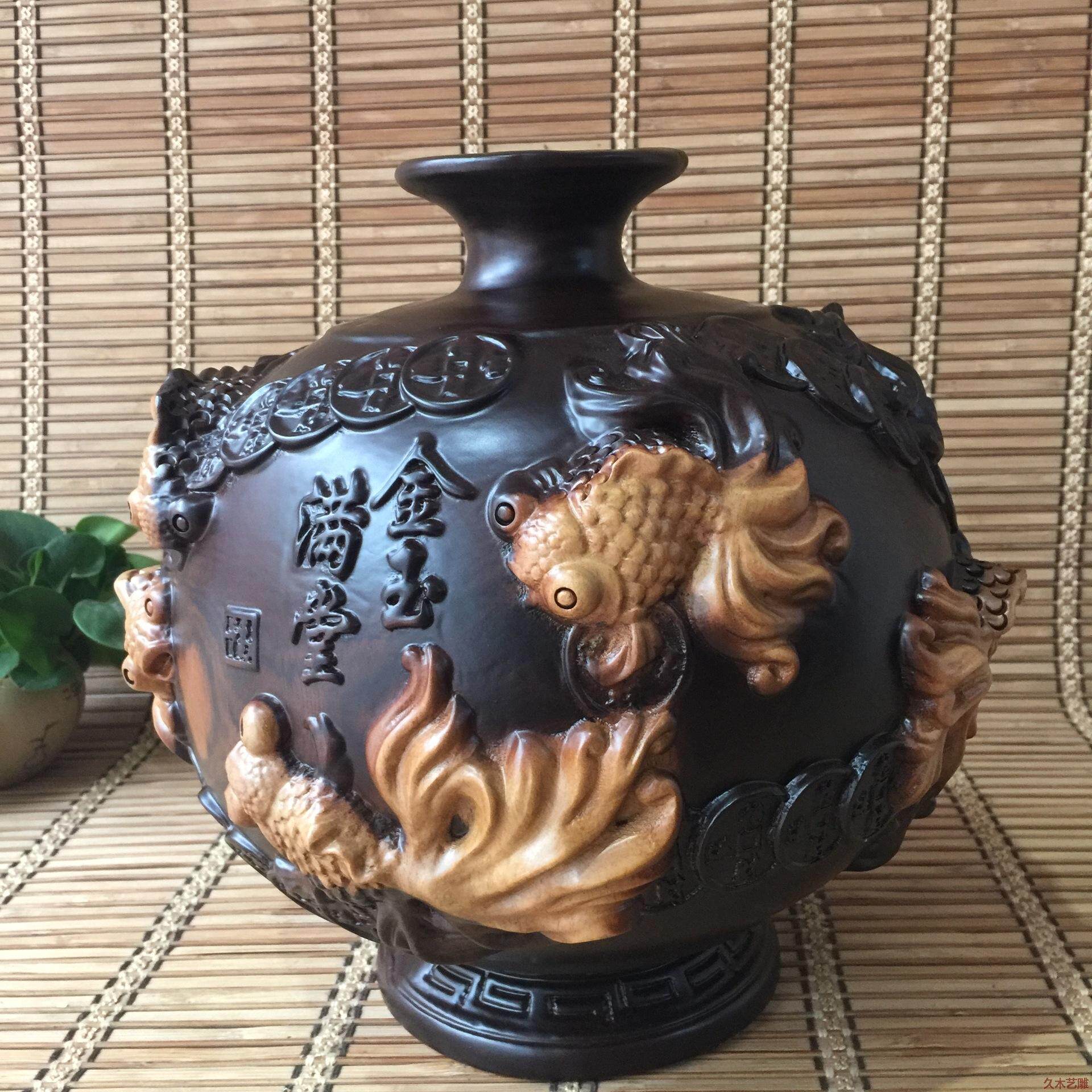 久木艺雕销售实木金玉满堂花瓶摆件创意木雕家居摆饰木质工艺品