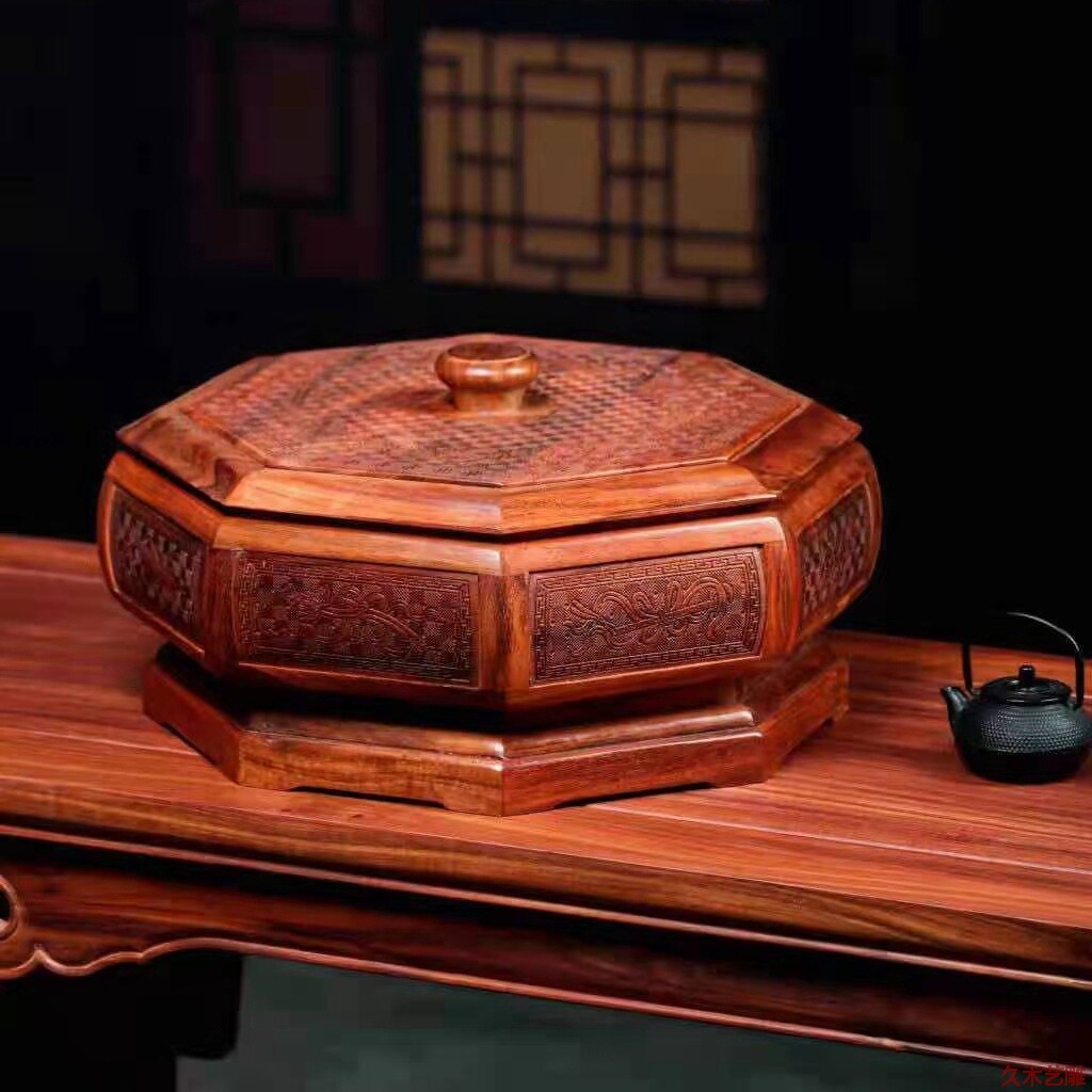 金匠大作实木干果盒旋转红木果盘点心盒缅甸花梨木零食盒紫檀木零