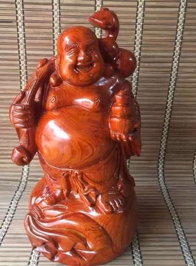 金匠大作花梨木布袋拿元宝如意佛摆件客厅实木大肚如意笑佛雕刻工