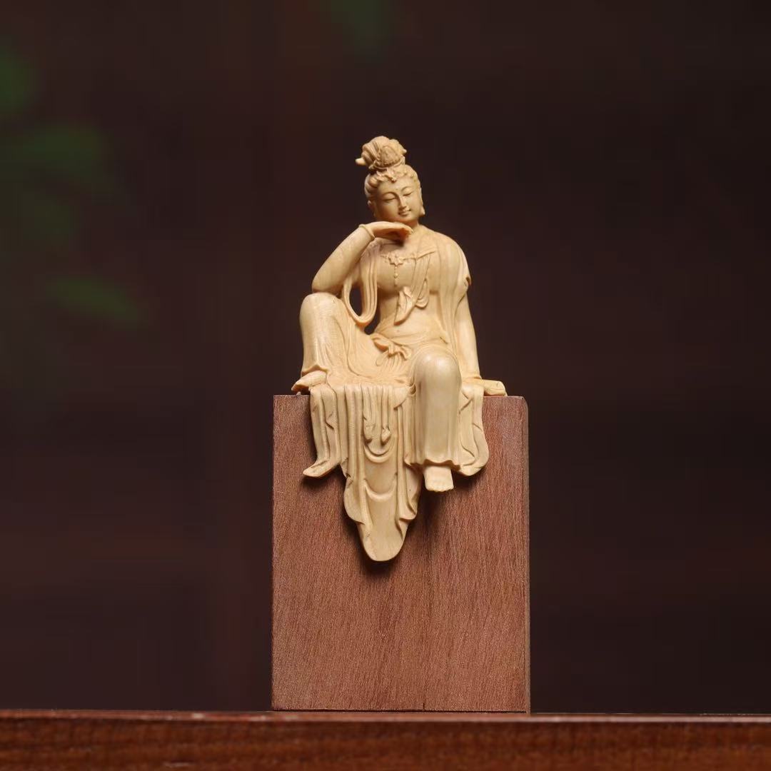 小叶黄杨木雕自在观音带木质底座中式观音摆件佛像工艺品