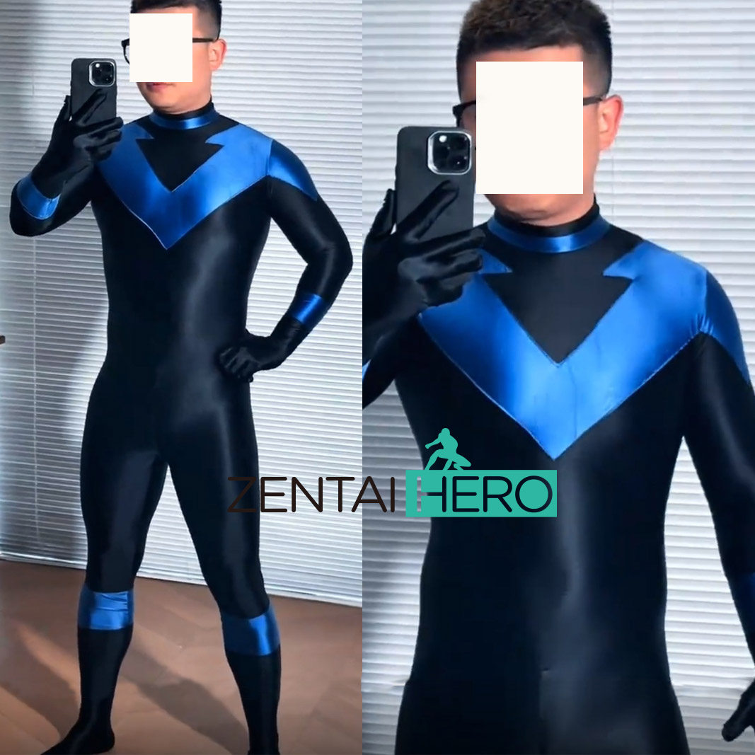 新款蓝黑弹力油光布拼接 夜翼nightwing战衣cosplay表演服装定制