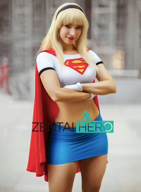 超级英雄supergirl cosplay服装女蓝白超人连体紧身衣 莱卡带披风