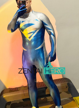 蓝色Electric Clark印染弹力莱卡紧身衣 超级英雄超人cosplay