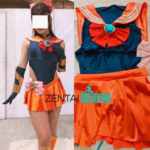 新款藏青莱卡拼接橘色缎面美少女土扮演水手服Sailor Cosplay服装