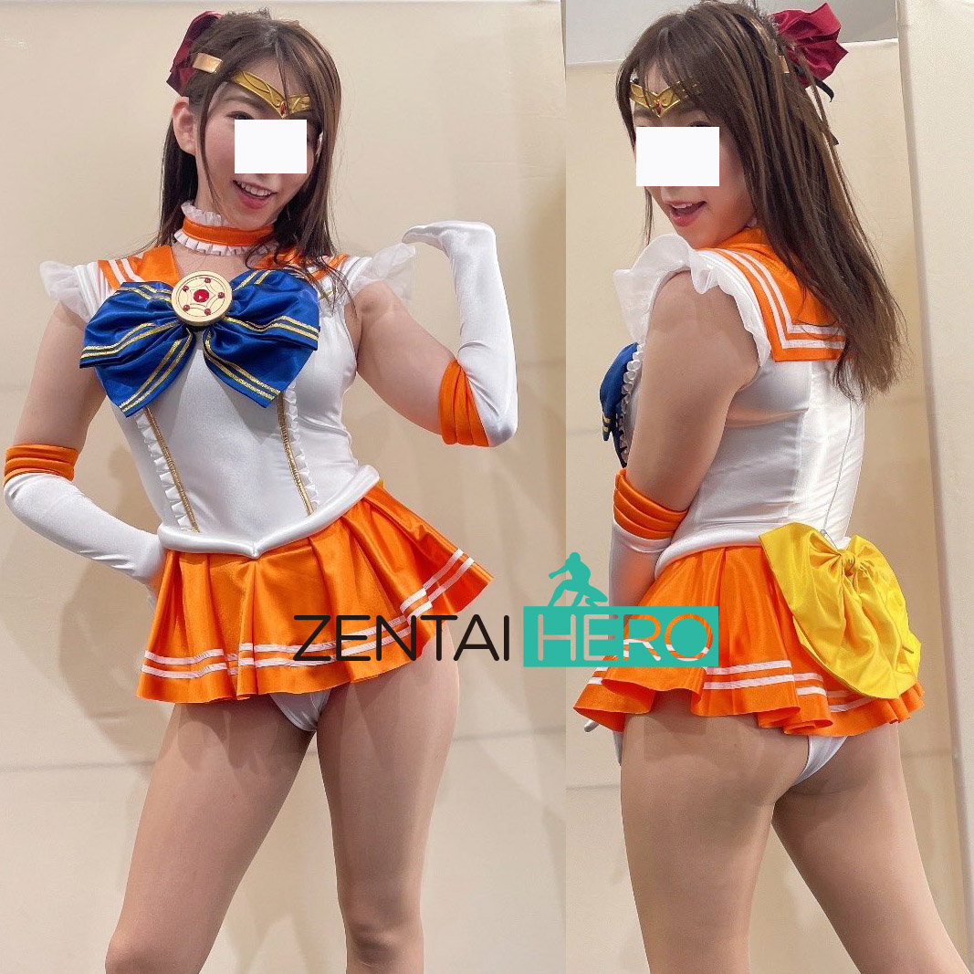 性感光泽莱卡拼接橘色缎面美少女土扮演水手服Sailor Cosplay服装