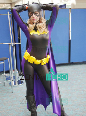 Batgirl 紫色黑色拼接女蝙蝠侠cos紧身衣Batman英雄紧身衣带披风