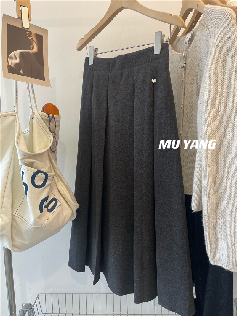 MUYANG 突显腰线！韩国秋冬加厚毛呢料小贝壳百褶裙A字半身裙女
