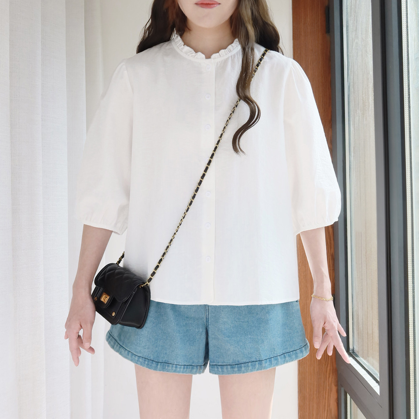 大码七分袖衬衫女200斤胖mm夏2026新款宽松纯棉木耳领胖妹妹上衣