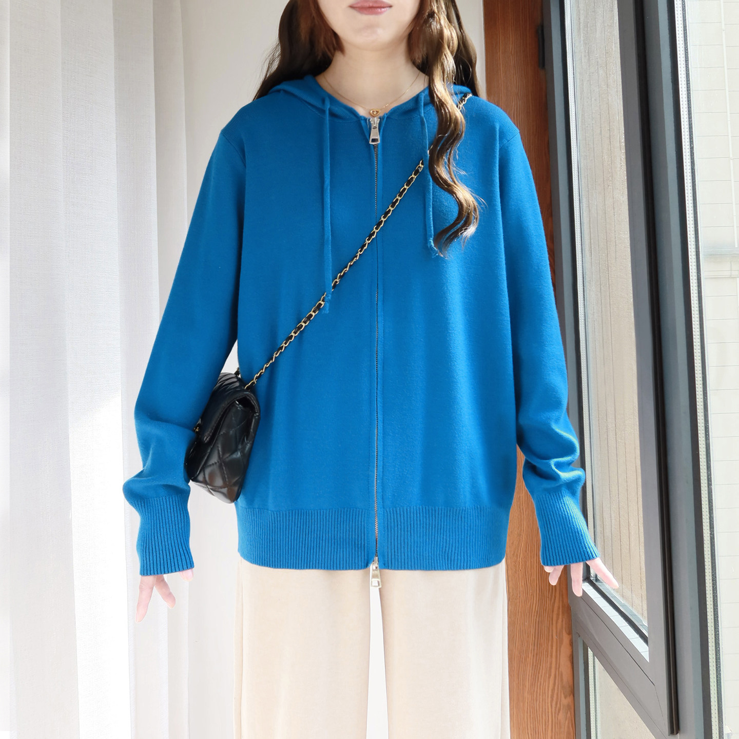 大码宝蓝色连帽针织衫女200斤胖mm秋冬加肥胖妹妹双拉链上衣叠穿
