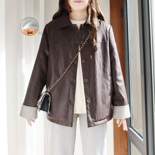 大码加绒皮衣外套女200斤胖mm冬加厚复古翻领胖妹妹保暖宽松夹克