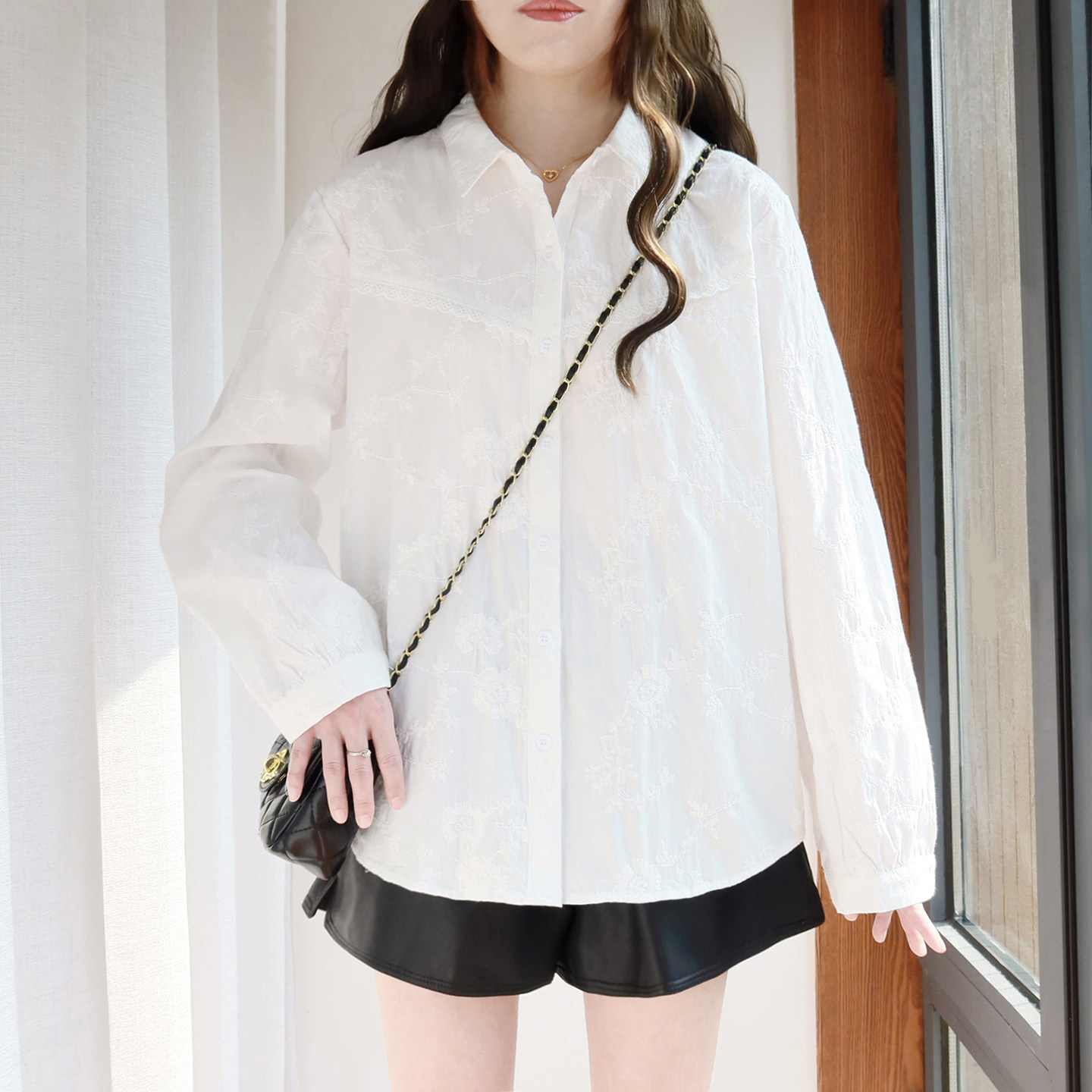 大码纯棉白衬衫女200斤胖mm春装2026新款宽松刺绣胖妹妹长袖衬衣