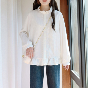 法式 女200斤胖mm秋装 木耳边花边领宽松胖妹妹上衣 弹力衬衫 大码