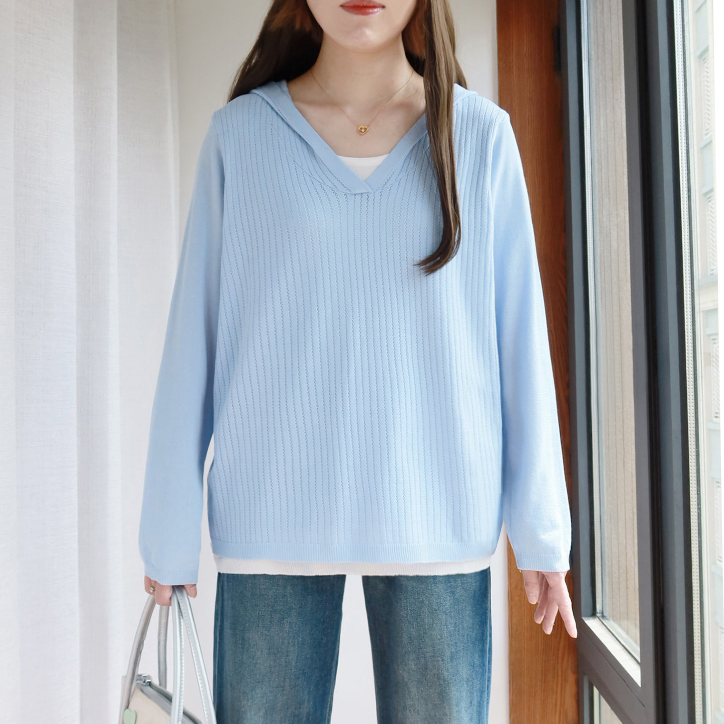 大码假两件连帽针织衫女200斤胖mm外穿秋新款拼接正肩胖妹妹帽衫
