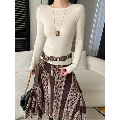 司南 早春新款 一字船领气质修身超细羊毛混纺针织衫打底 SN8592