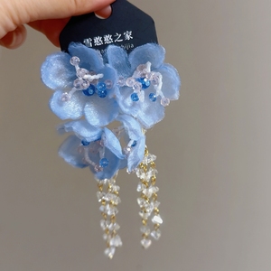 海边度假风蓝色花朵流苏耳环耳饰耳钉耳夹耳坠2026新款显脸小饰品