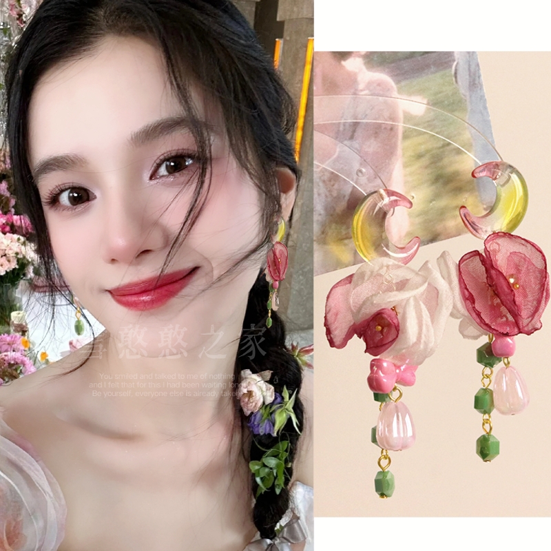 张婧仪同款耳环月亮花朵耳饰耳坠2025新款女个性夸张耳钉夏天旅游