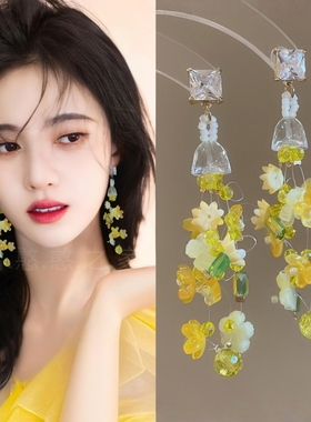 旅游度假黄色串珠花朵流苏耳环耳饰耳钉耳夹耳坠2025春夏新款饰品