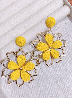 黄色花朵耳饰耳钉耳夹耳坠耳环2025春夏新款海边旅游度假饰品潮女