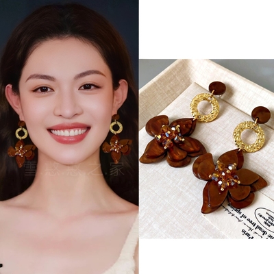 钟楚曦同款耳环复古焦糖色花朵耳饰2024新款爆款耳坠耳钉耳夹耳钉