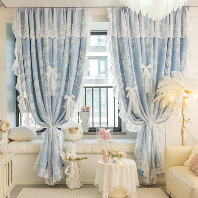 新款法式简约现代蓝色双层布纱一体蕾丝成品遮光卧室客厅阳台窗帘