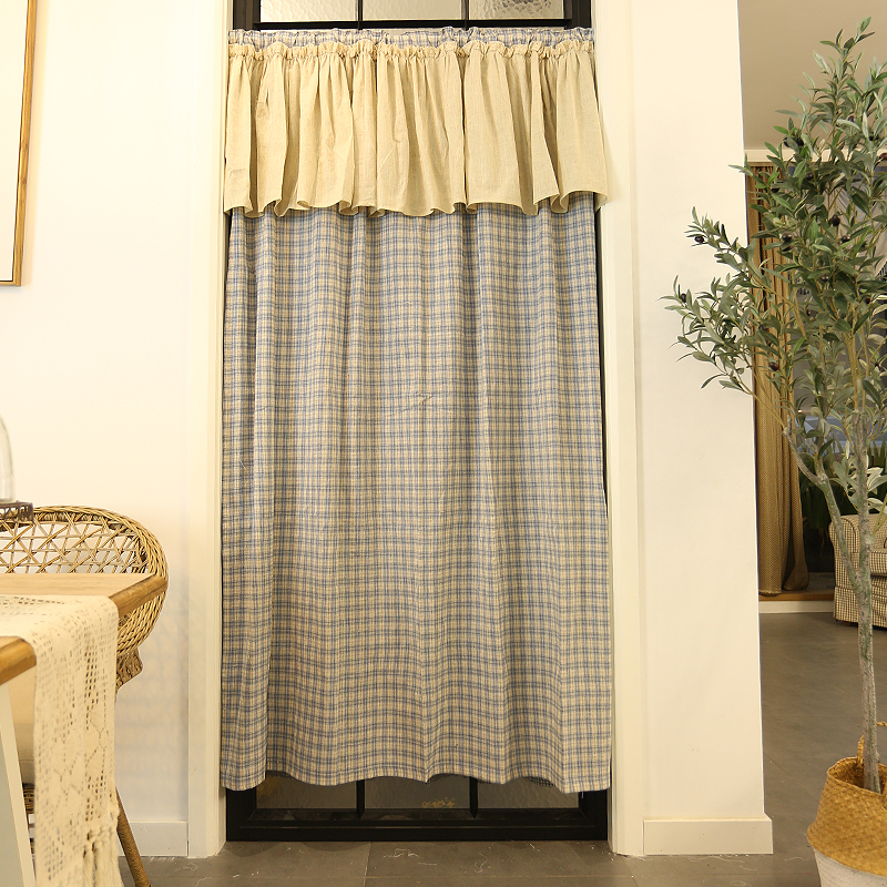 鸢尾乡旅天蓝线 线格子美式乡村棉麻窗帘门帘定制帘免打孔穿杆带