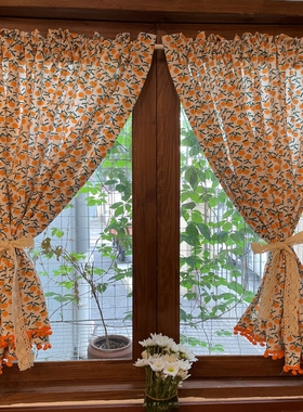 法式桔子半遮光小窗帘流苏美式田园复古风小碎花民宿遮挡隔断门帘