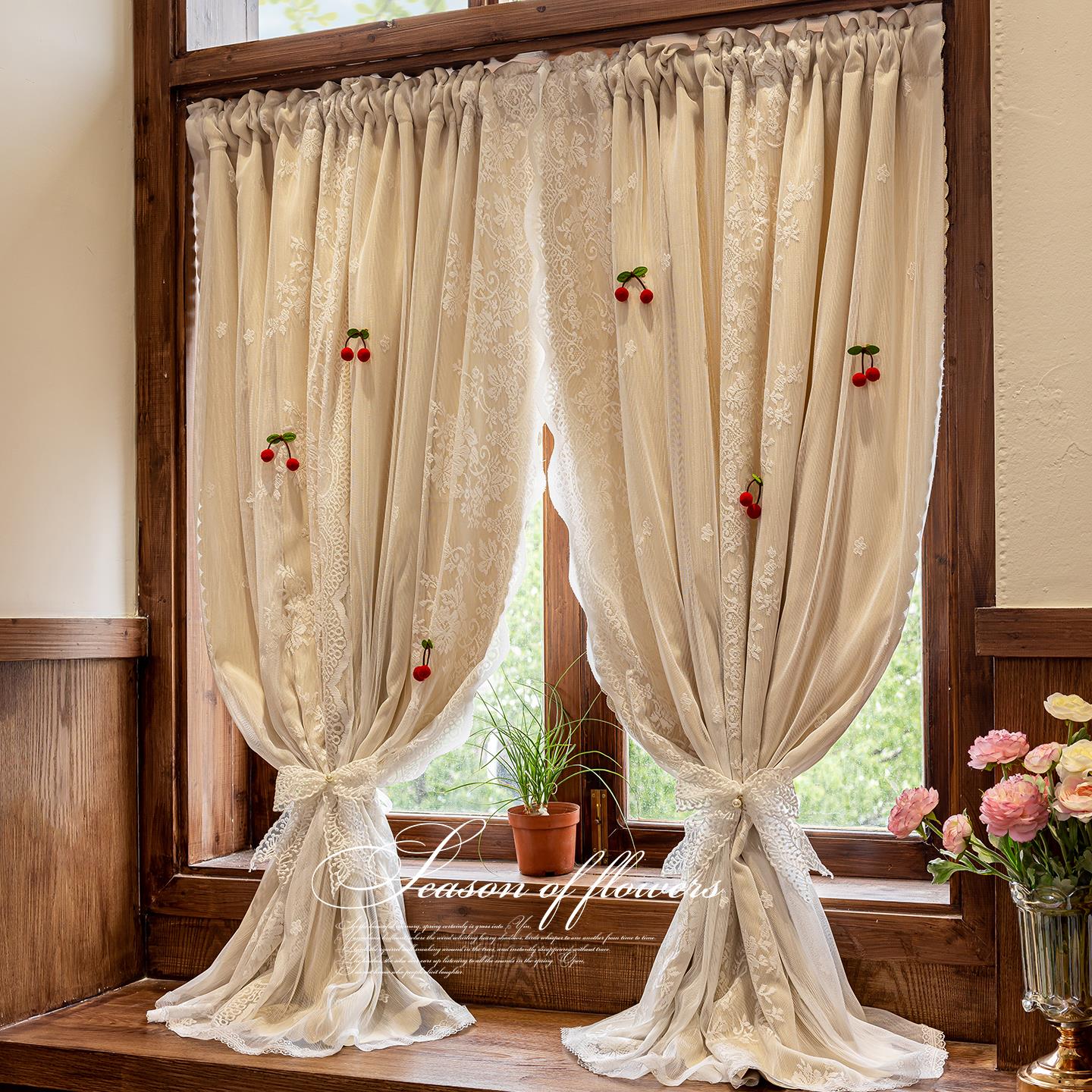 浪漫法式双层蕾丝窗帘遮光布纱一体2025新款卧室飘窗小窗户免打孔