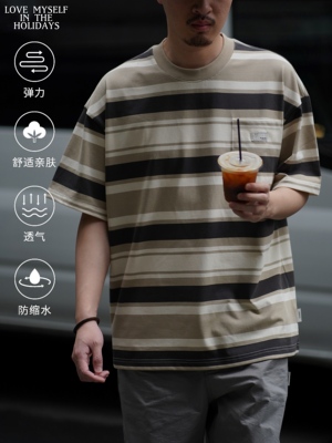 theHOLIDAYS 24SS春夏宽松透气舒适体恤条纹撞色短袖口袋T恤
